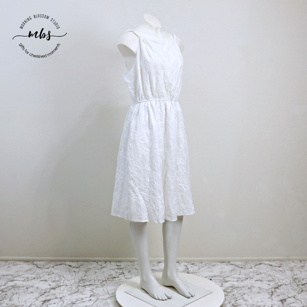Voy Embroidered Halter Bohemian Resort Summer Chic Midi Dress White Women M